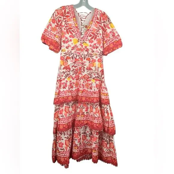 Farm Rio size XS romantic orchard tiered midi dress pink red white - Picture 2 of 15